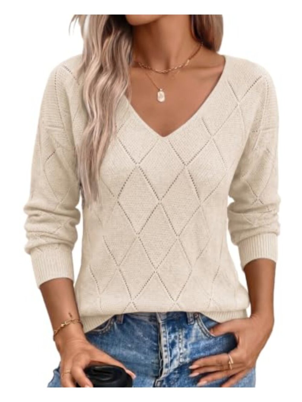 Zeagoo Women's V-Neck Crochet Knit Pullover Sweater Long Sleeve Lightweight